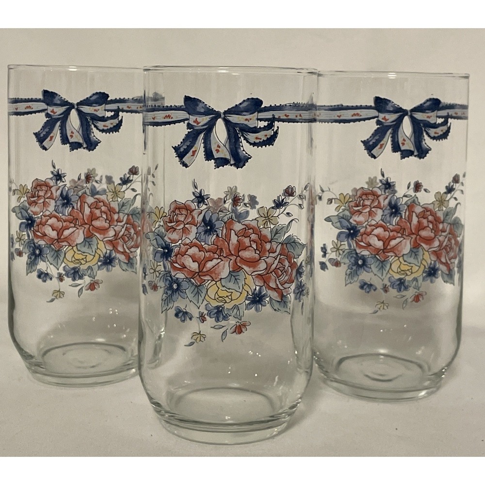 Vintage Libbey Glasses Set Of Three Tall Ribbon & Flowers Cottagecore Grannycore